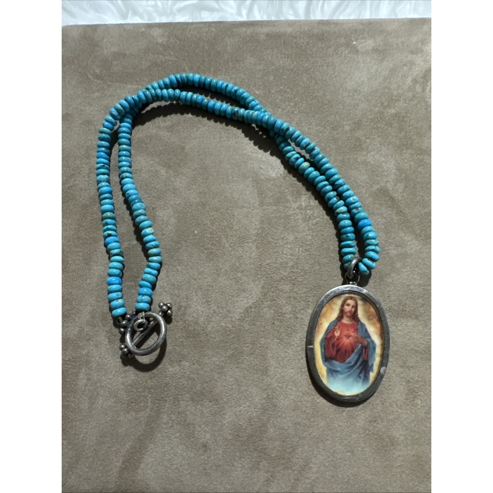 Sacred Heart Jesus Pendant Signed HC 925 Turquoise Necklace Southwestern Devotio